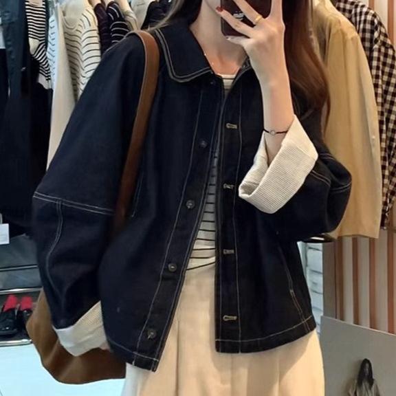 设计感条纹拼接袖口普洗蓝牛仔外套女2025春秋宽松小个子韩版上衣|undefined