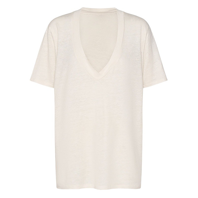 Camiseta de diseño con cuello en v profundo, top de estilo europeo y americano transfronterizo, comercio exterior de verano, tejido de lino, algodón flk, manga corta, mujer suelta image 1