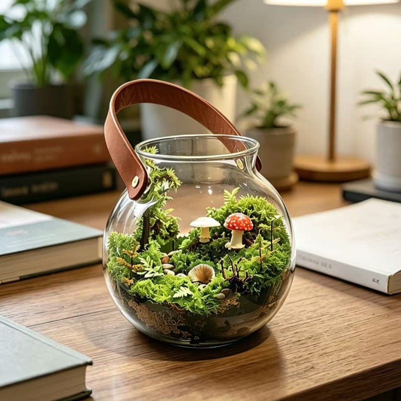 Leather portable strap micro landscape ecological bottle glass container transparent hydroponic moss succulent plant vase cross border
