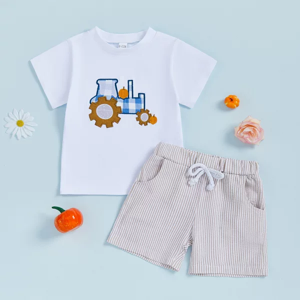 Amazon Summer New Halloween Boys Sports Motorcycle Pumpkin Embroidered T-Shirt + Striped Shorts Two-Piece Set