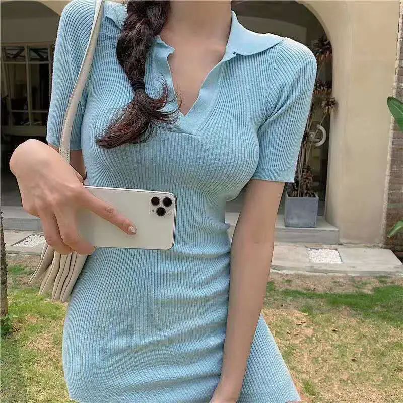 Solid Color Lapel Hip Hugging Dress Pure Color Lapel Short-Sleeved Hip-Hugging Dress for Women