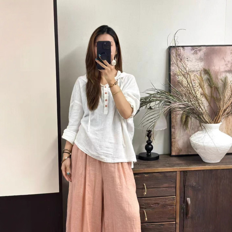 2025秋季韩版宽松减龄砂洗亚麻半开扣连帽套头衬衫百搭休闲帽衫女|undefined
