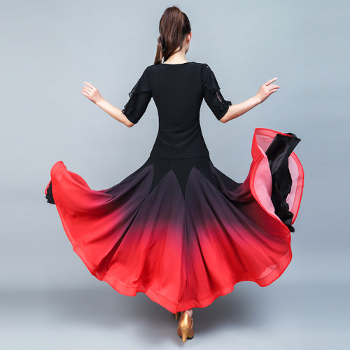 Women black with red gradient colored ballroom dance skirt for women flamenco skirts tango dance practice competition skirt modern dance big swing skirt