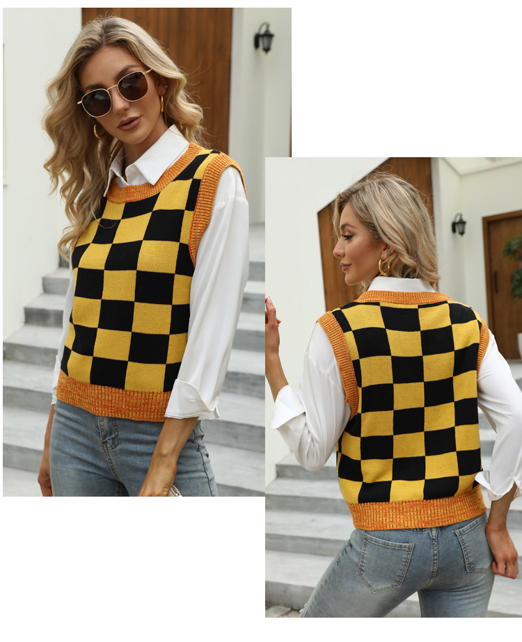 sleeveless plaid color contrast knitted sweater vest nihaostyles wholesale clothing NSYH82731