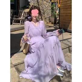 紫色超好看氛围感V领连衣裙女2025春夏新款绝美超仙法式高腰长裙