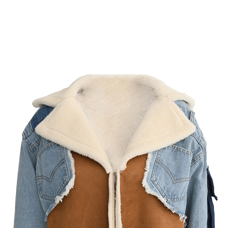 Women's Clothing trendy brand new velvet denim patchwork jacket winter wear lamb wool lining large lapel long thick cotton coat_voghion.com