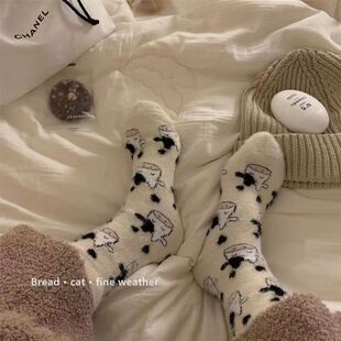 Mink Velvet Socks Women's Spring and Autumn Medium Thickened fleece-lined Warm Coral Velvet Winter Cold-proof Sleeping Floor Moon