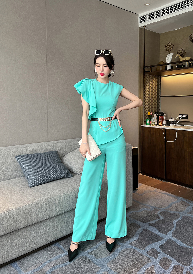 Bộ hai món áo ôm eo phối quần ống rộng cạp cao — Màu xanh nước hồ chi tiết 7