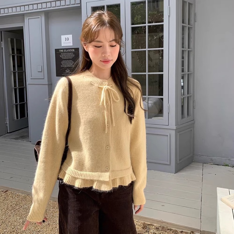 韩系抽绳领木耳边下摆针织开衫女2025早秋新款软糯高级感毛衣外套|undefined