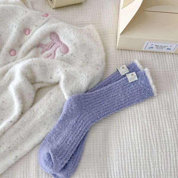 Women's Autumn and Winter Thickened Wool Mid-Tube Solid Color Korean Versatile Chunky Knit Warm College Style Home Slouch Socks