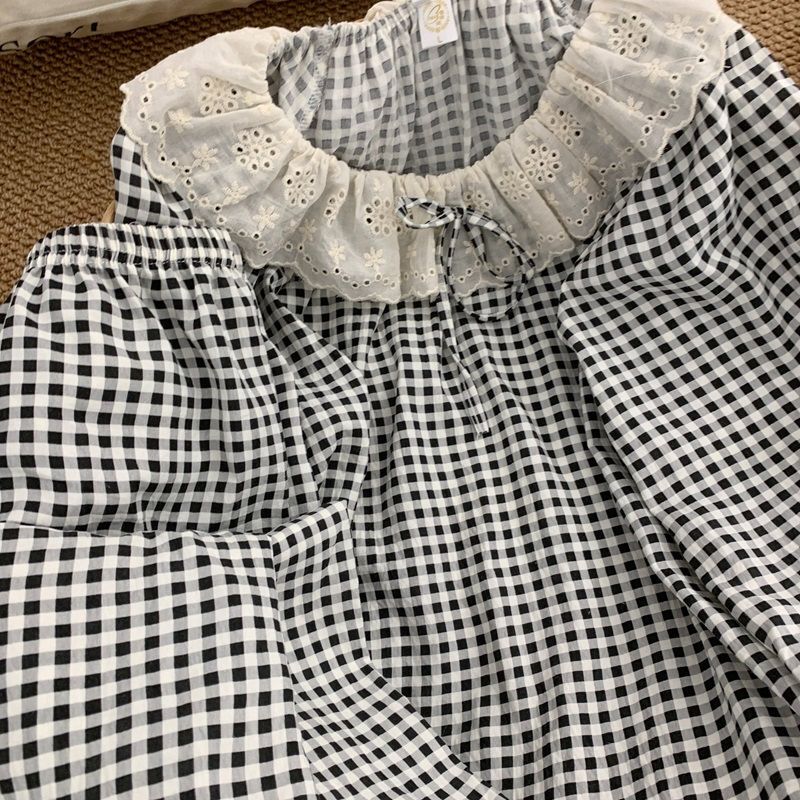 云朵棉睡衣女春秋季花边格子长袖宽松甜美公主风大码家居服可外穿|undefined