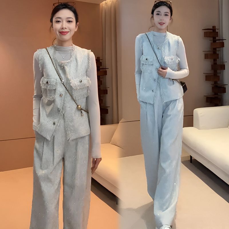 小香风套装女2025春秋新款超火韩剧时尚穿搭气质感马甲长裤三件套|undefined