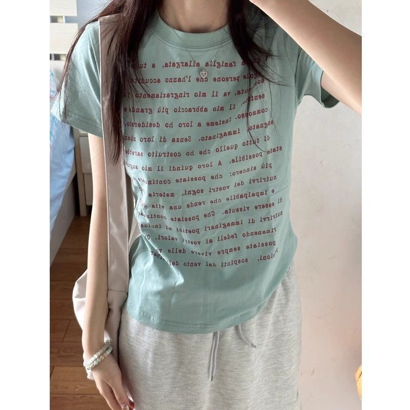 American Style Pure Cotton Shoulder Short-Sleeved T-Shirt Women's Summer New Sweet Design Sense Niche French Short Blue Top American Style Pure Cotton Shoulder Short-Sleeved T-Shirt Women's Summer New Sweet Design Sense Niche French Short Blue Top