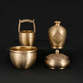 黄铜摆件万福缸一桶金创意礼品办公室纯铜工艺品礼品铜酒缸香炉