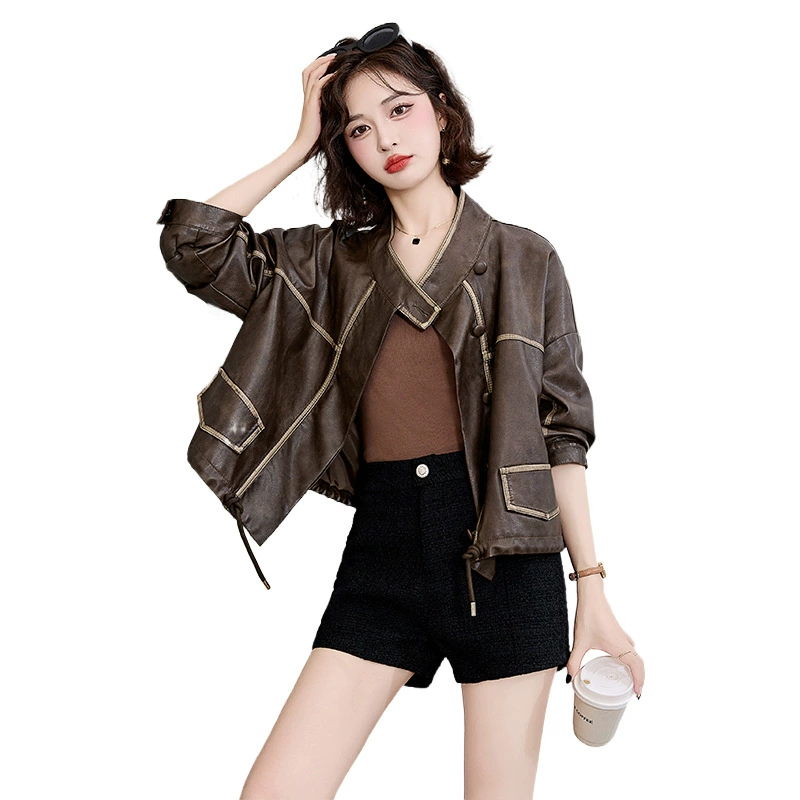 Autumn short polyurethane jacket, drawstring, high-quality style