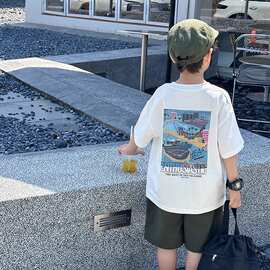 男童短袖T恤夏季薄款2024新款帅气洋气棉夏装儿童涂鸦烫画体恤