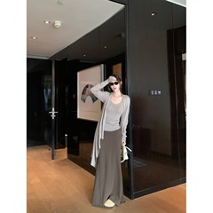 温柔风套装薄开衫外套内搭背心女装秋季鱼裙半身裙长裙三件套
