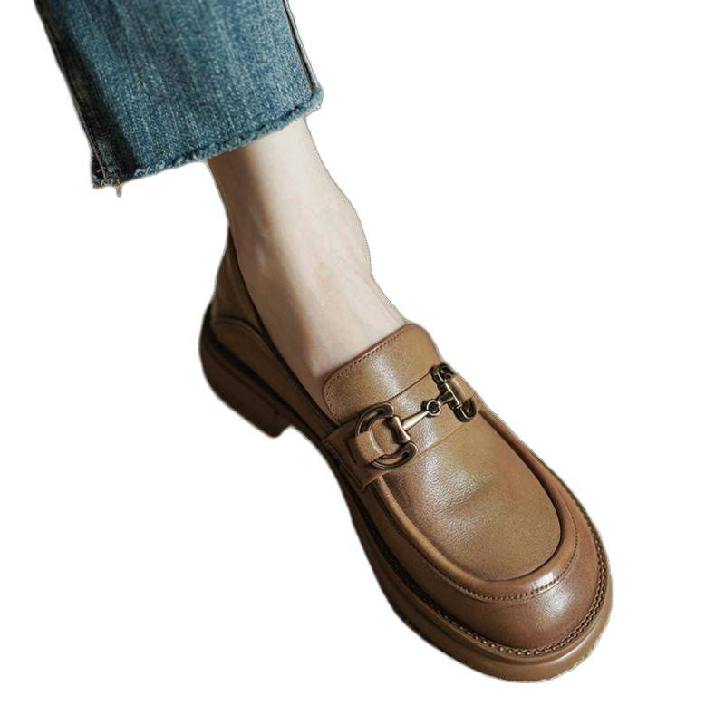 Retro Women's Leather Loafers With Chunky Heel And Soft Sole_voghion.com