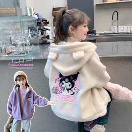 女童加绒外套冬季2024新款加绒儿童摇粒绒连帽衣服女孩冬装毛毛衣