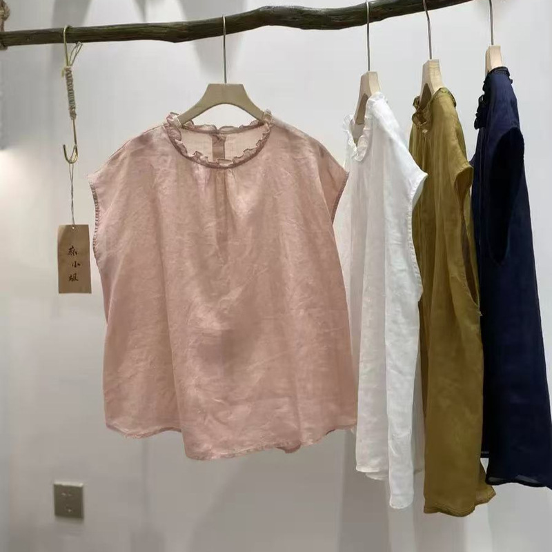 26 Summer New Vintage Artistic Ruffle Collar Ramie Top for Women with Single-Row Buttons on the Back, Reversible, Flutter Sleeves 26 Summer New Vintage Artistic Ruffle Collar Ramie Top for Women with Single-Row Buttons on the Back, Reversible, Flutter Sleeves