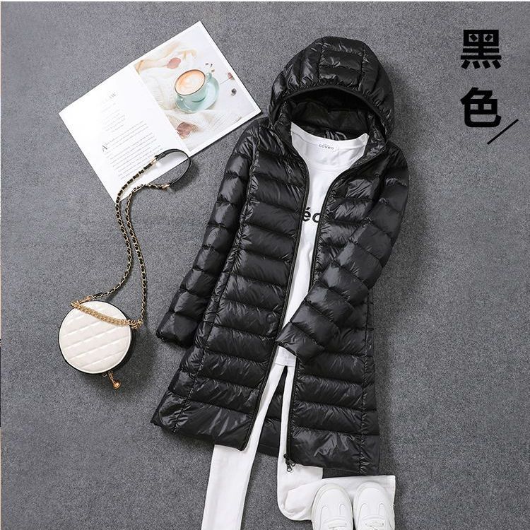 Tik Tok transfronterizo otoño y invierno nuevo chaqueta de plumón ligera de mujeres mediana y larga ropa blanca coreana chaqueta delgada sombrero desmontable
