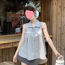 蝴蝶结绑带撞色条纹polo领衬衫女夏季宽松无袖背心小衫娃娃衫上衣