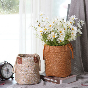 Scandinavian Straw Flower Basket Satchel Woven Basket Ins Home Living Room Ficus Flower Pot Ornaments Rattan Basket Decoration