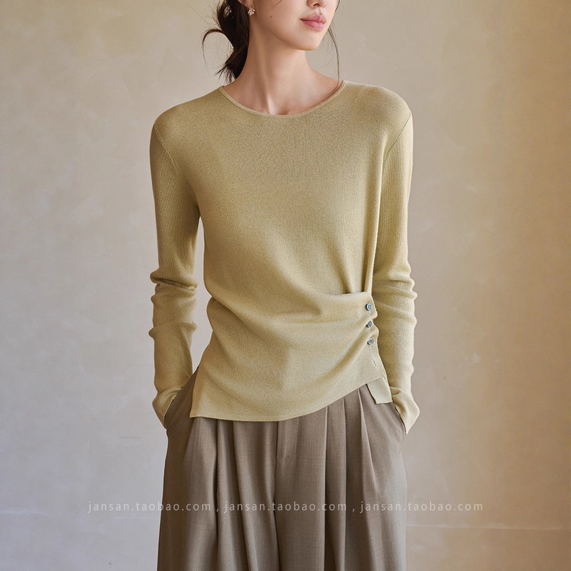 Jansan Worsted Wool Round Neck Asymmetrical Pleated Design Hem Long-Sleeved Bottoming Knitwear for Women