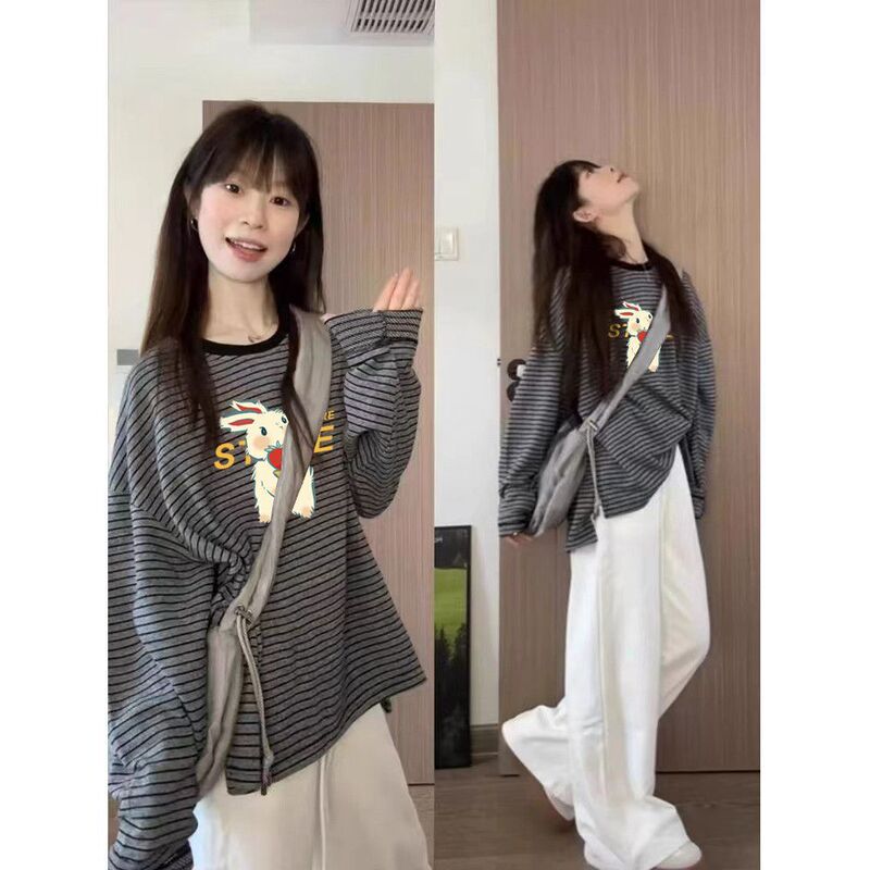 黑色纯棉条纹长袖T恤女秋冬2025新款洋气宽松慵懒风圆领百搭上衣|undefined