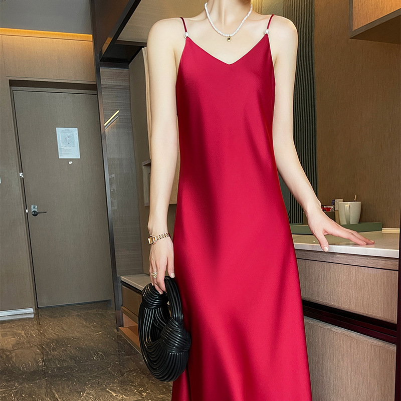 Summer New Style Silk Satin 95-Color Suspender Dress for Women, Loose and Slimming Acetate High-Waisted Long A-Line Dress