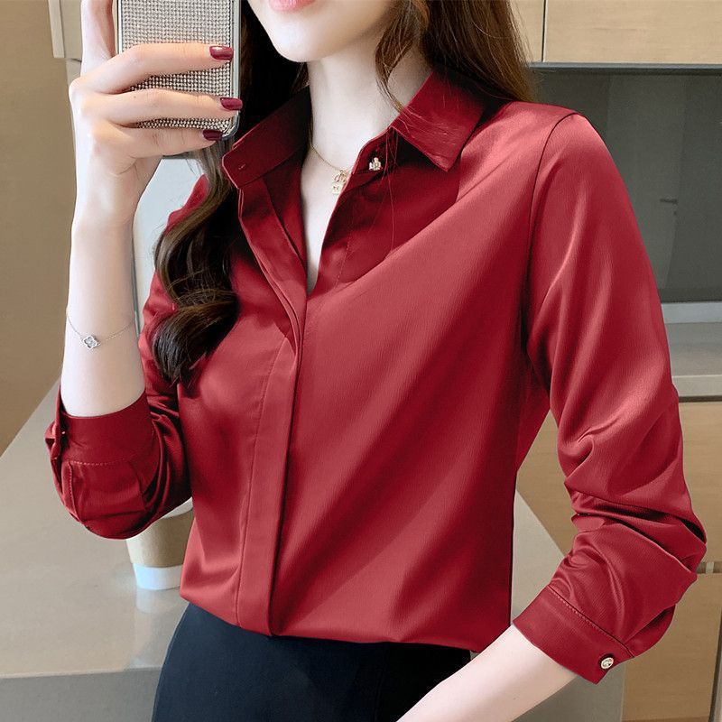 杭州のシルクのシャツの女性の長袖の春秋服の新型の绢糸の上着の白い職業は底のシャツの女性を詰めます。|undefined