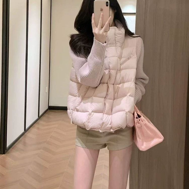 立领毛线袖拼接羽绒服女欧洲站2025年冬季新款休闲韩版白鸭绒外套