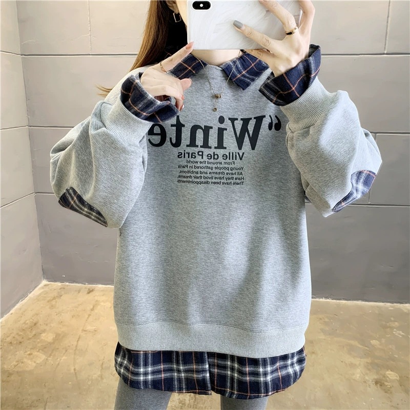 Cross-Border Sweatshirt for Women Spring and Autumn Thin New Style College Style Long-Sleeved Korean Style Loose Mid-Length Fake Two-Piece Sweatshirt for Women Trendy