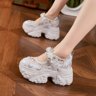 Thick-soled Mary Jane Shoes Women's 2025 Summer New Velcro Shoes Flower Rhinestone Sandals All-match Inner Height Increasing Women's Shoes