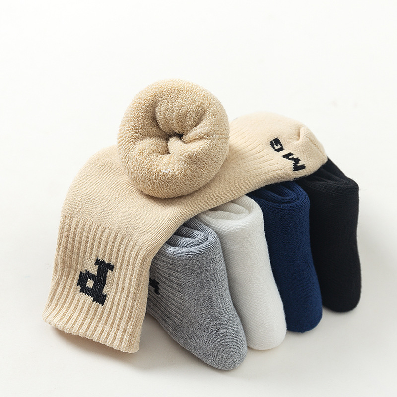 Children's socks Autumn and winter letters boys and girls winterproof warm with wool thickened mid-tube towel socks baby wool circle socks