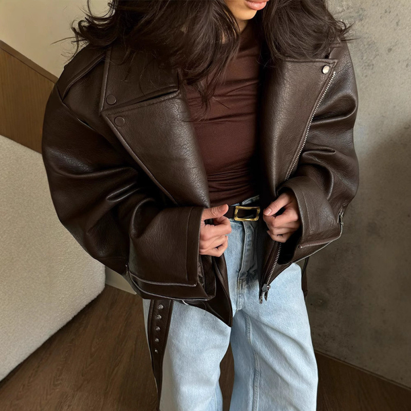 Cross-Border Women's High-End Design New Style Lapel Short Lace-Up Trendy Ins Brown Leather Jacket