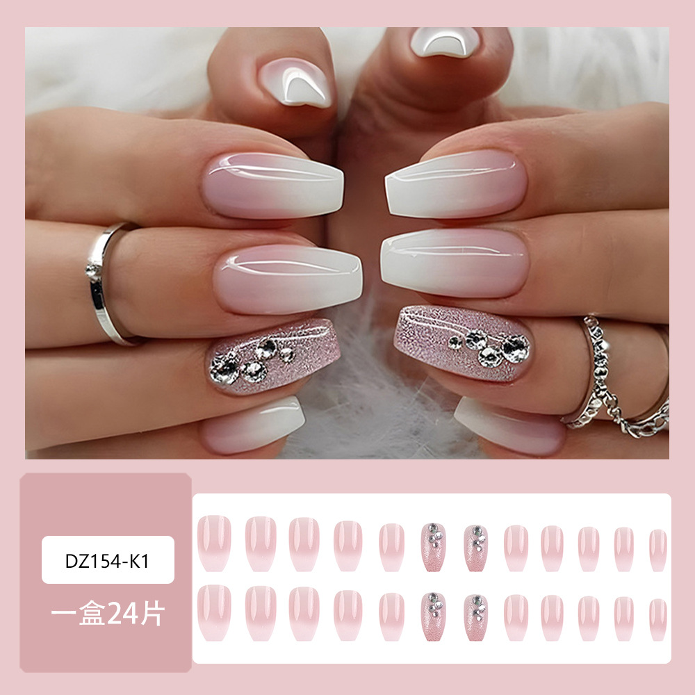 Blanco rosado gradiente diamante polvo brillante para usar uñas comerciales extranjeras viajes blanqueamiento de estilo chino 24 piezas de parches de uñas al por mayor image 3