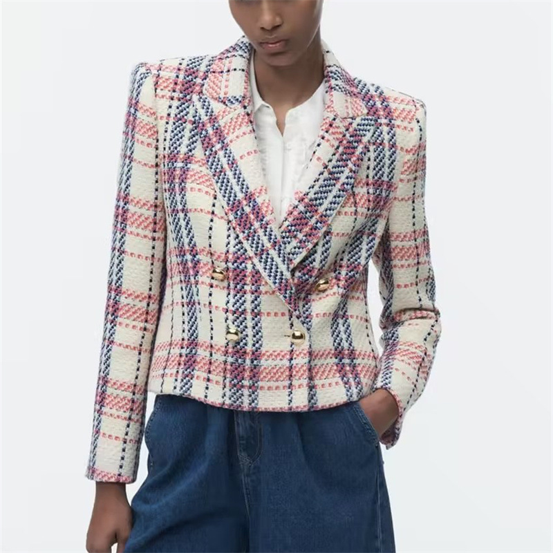 Foreign Trade zaura Women's 2023 Spring New Slub Texture Double-breasted Slim-fit Plaid Shoulder Jacket Foreign Trade zaura Women's 2023 Spring New Slub Texture Double-breasted Slim-fit Plaid Shoulder Jacket