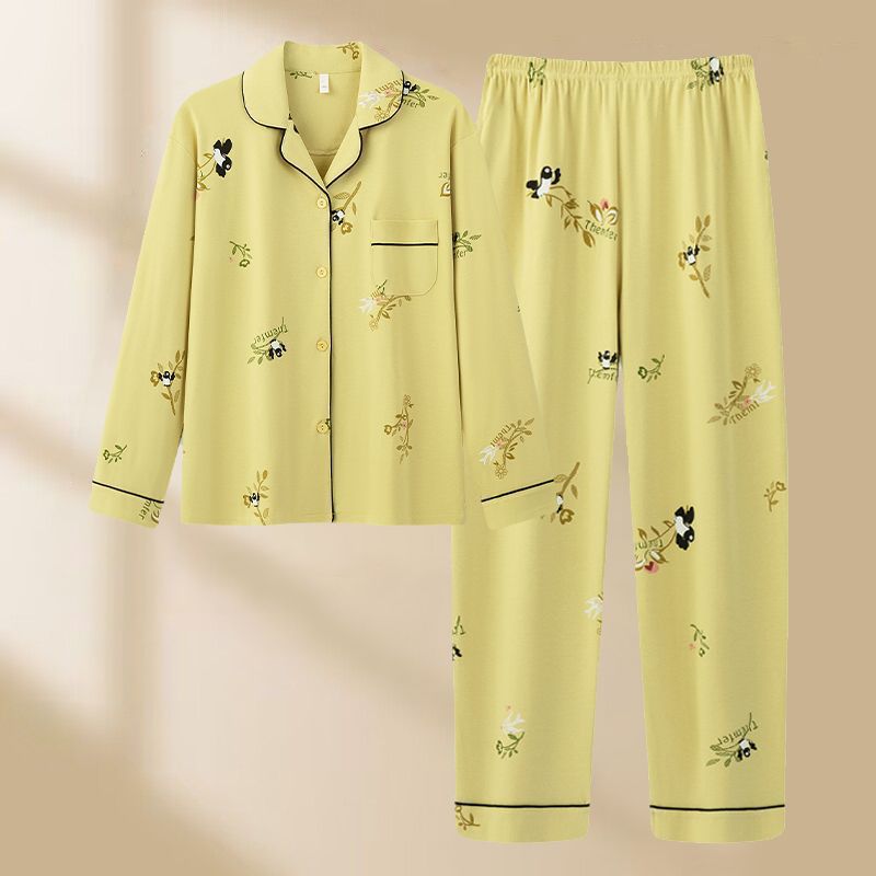 Algodón madres de mediana edad pijamas mujeres 2024 primavera y otoño nuevo cardigan de manga larga dibujos animados ropa de casa grande set