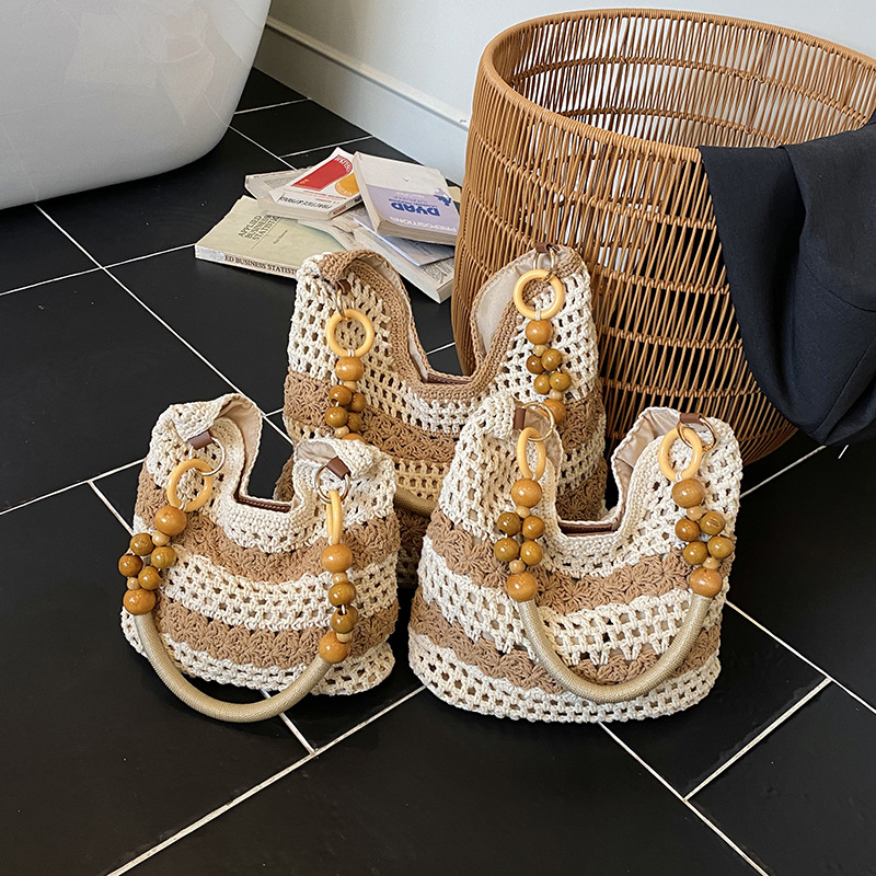 Handmade Rattan Shoulder Bag With Leather Trim Eco-friendly Basket_voghion.com