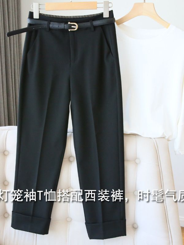 品質大賛 ~ ベルト付きの黒いスーツのズボンの女性の高腰のまっすぐな筒の9分のズボンの灰色のパイプのズボンの春と秋の潮|undefined
