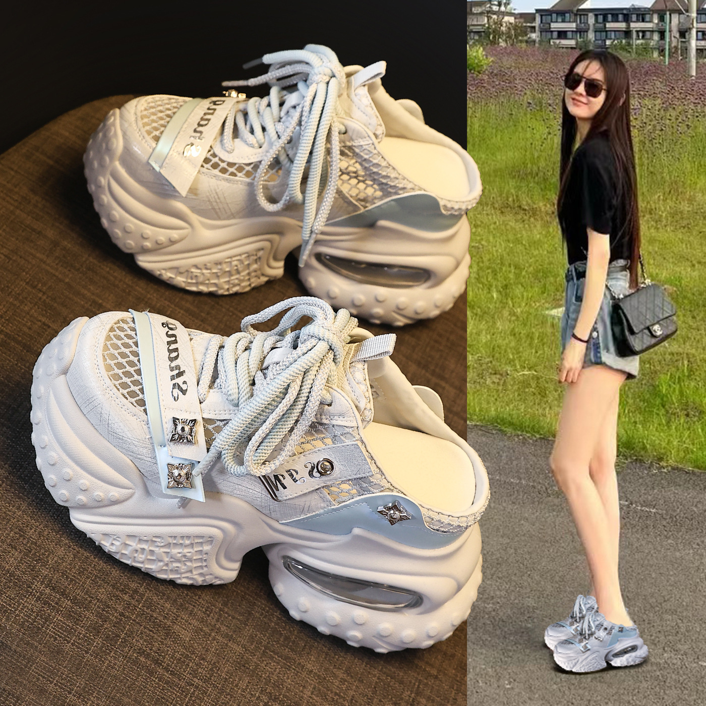 Giày sneaker nữ đế dày lưới thoáng khí phong cách daddy — Trắng Đỏ, xám xanh, màu xanh huỳnh quang
