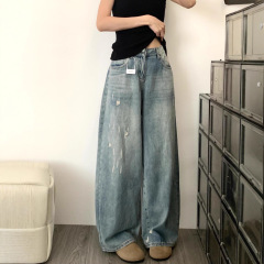 复古磨破宽松阔腿直筒牛仔裤女2025秋季新款高腰显瘦裤子