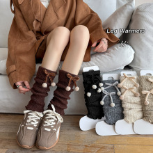 靴尚棉袜套女翻边球球堆堆袜加厚保暖羊毛咖色秋冬针织毛线护腿袜