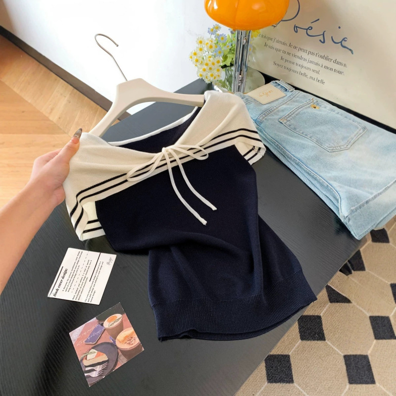 French Bow-Tie Strapless Short-Sleeved T-Shirt for Women, New Summer Style, Waist-Cinching, Slimming, Contrasting Color Stitching Knitted Top French Bow-Tie Strapless Short-Sleeved T-Shirt for Women, New Summer Style, Waist-Cinching, Slimming, Contrasting Color Stitching Knitted Top