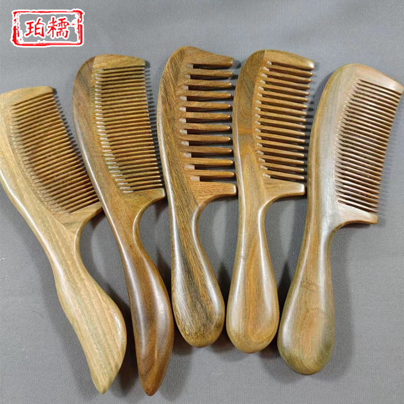 Green Sandalwood Long-Handled Wooden Comb with Wide and Dense Teeth, Hairdressing Comb with Round Handle, Thickened Sandalwood Comb for Scalp Massage Green Sandalwood Long-Handled Wooden Comb with Wide and Dense Teeth, Hairdressing Comb with Round Handle, Thickened Sandalwood Comb for Scalp Massage