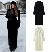 外贸跨境爆款欧美风冬季女装百搭新款 翻领排扣口袋饰长款呢大衣