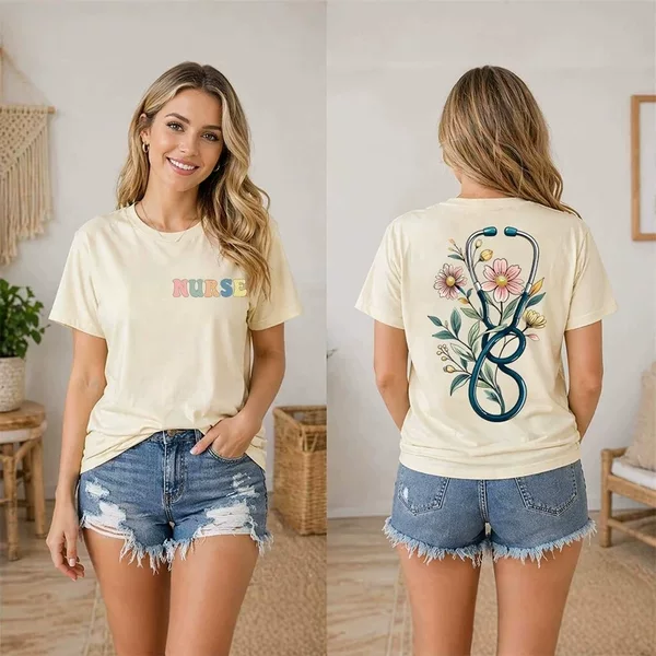 Amazon's Best-Selling Nurse Printed Fashionable Women's T-Shirt Loose Pullover Casual Top Summer Pure Cotton Short-Sleeved