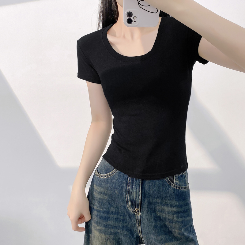 Another a Another Short Sleeve Slim T-shirt Women's European Goods Summer New Foreign Style Age-reducing Fish Bone Short Shirt Wholesale