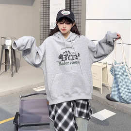 字母印花连帽卫衣女秋冬新款2025加绒加厚外套慵懒风美式宽松上衣